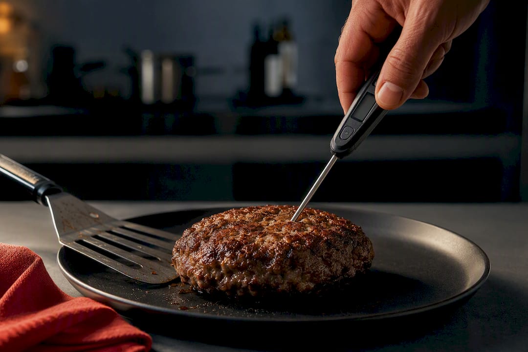 Cooked ground beef patty with thermometer probe