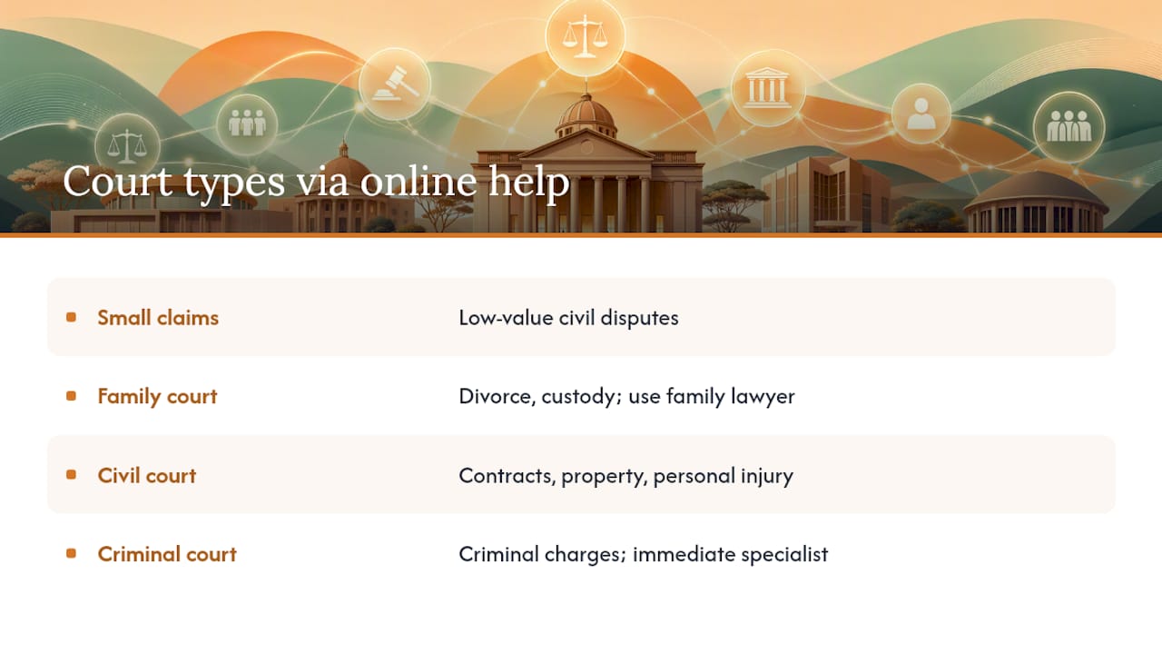 What types of courts can you engage with through online legal help? — overview diagram
