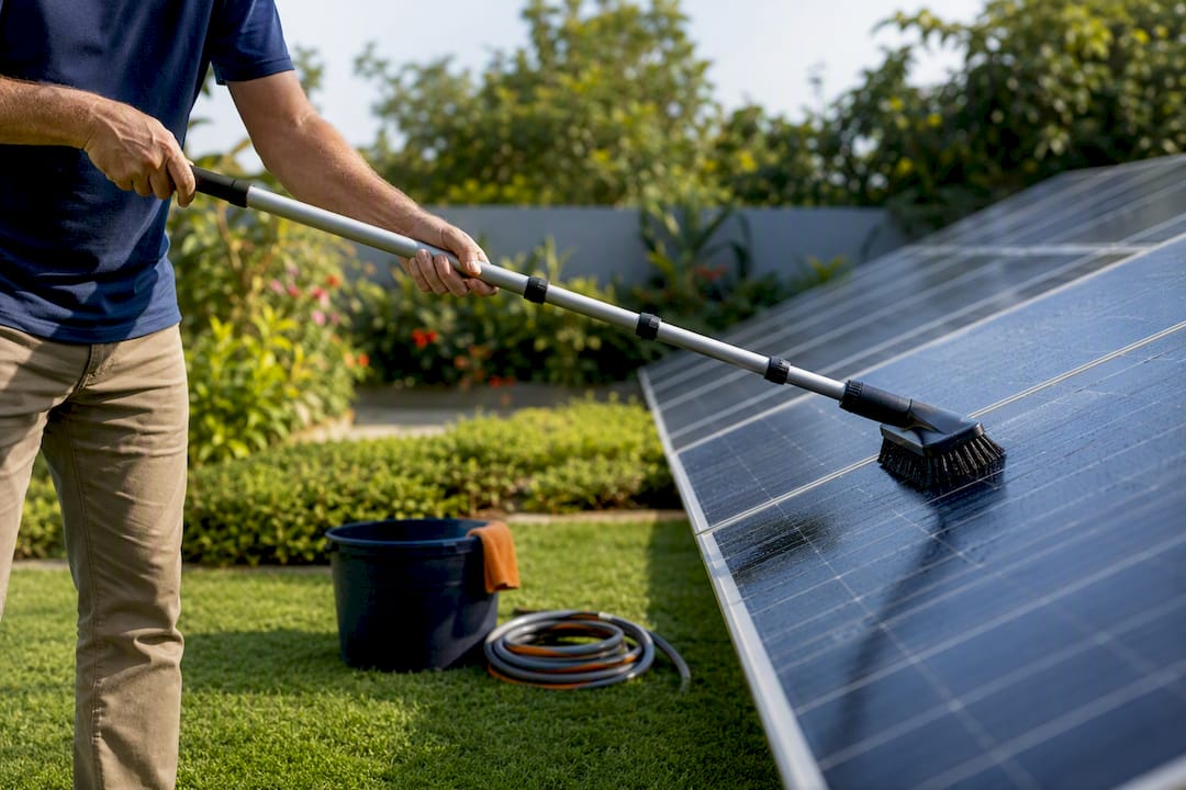 Telescopic brush cleaning ground-level panels