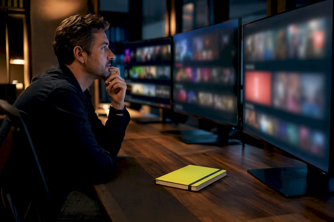 Analista che controlla i cataloghi streaming sui vari schermi