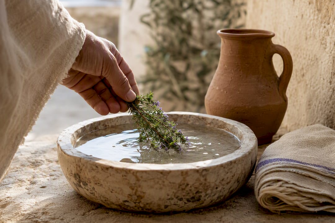 Hyssop sprig beside a purification basin