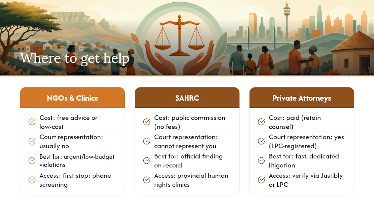 Where to get help: NGOs, SAHRC, law clinics, pro bono teams and private attorneys — overview diagram