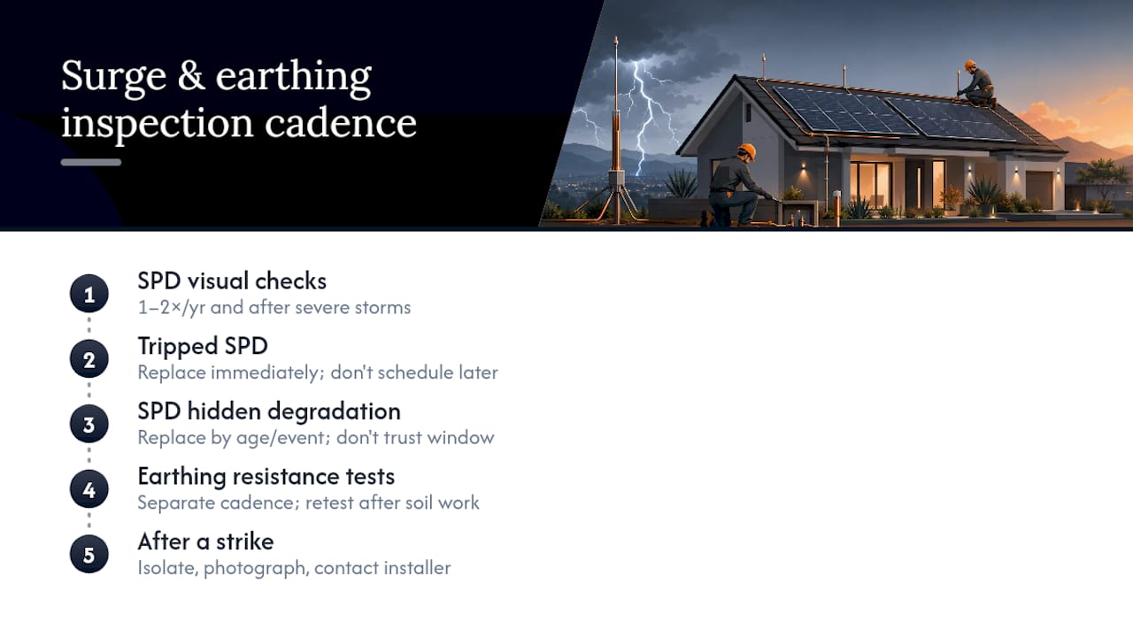 How often should surge protection and earthing be inspected? — overview diagram