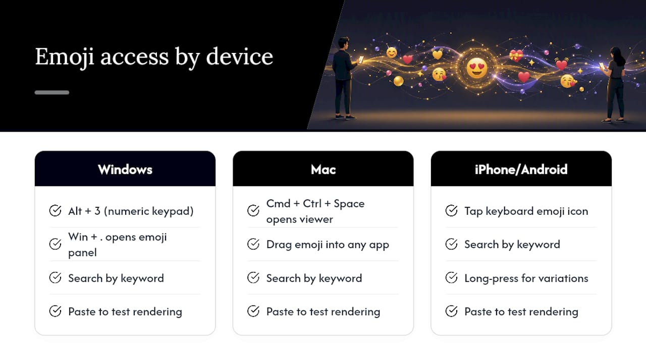 Emoji access routes across four device types