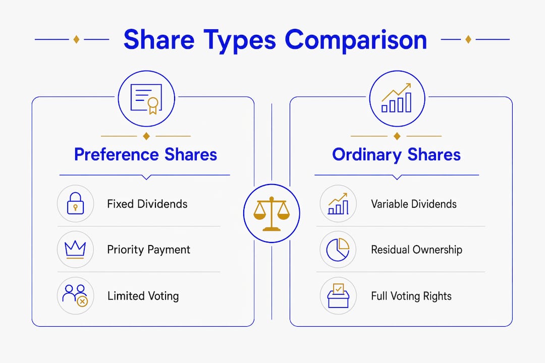 Infographic comparing preference shares and ordinary shares