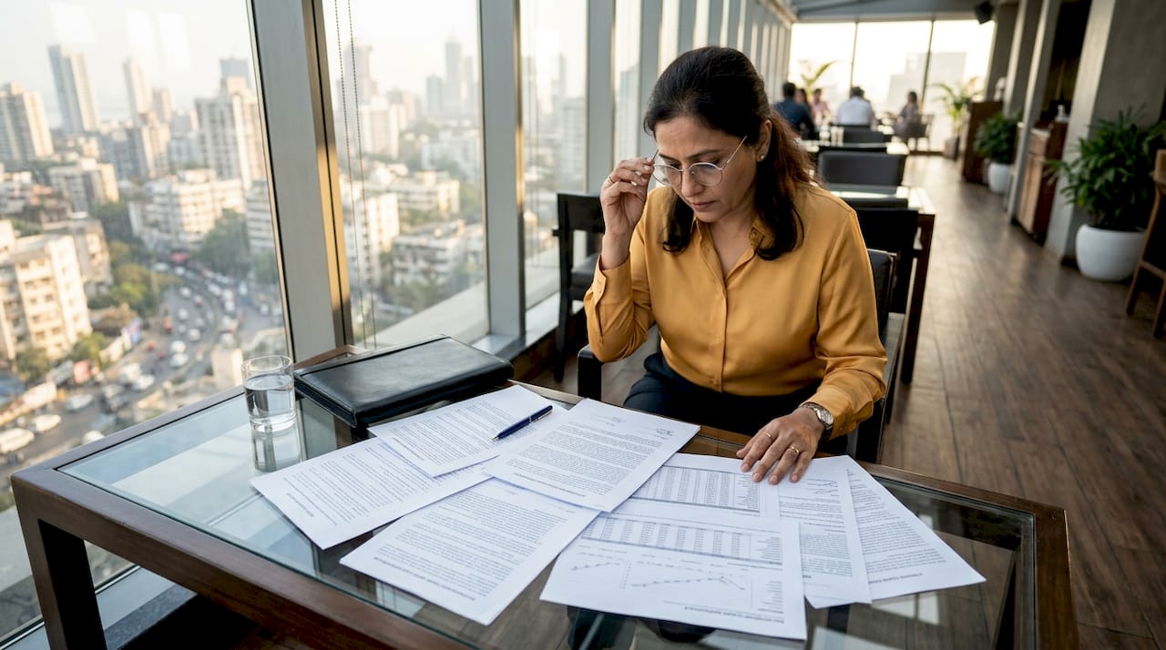Investor reviewing preference share documents at table