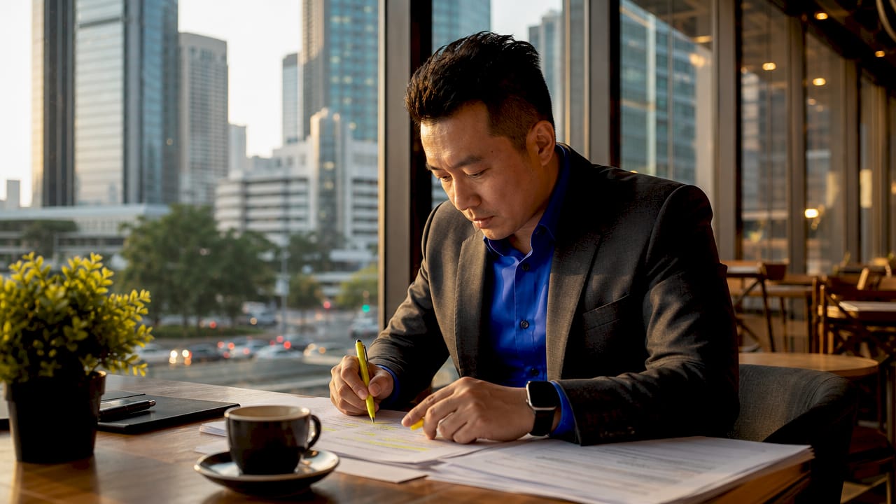Executive reviewing Employer of Record contract in Singapore office