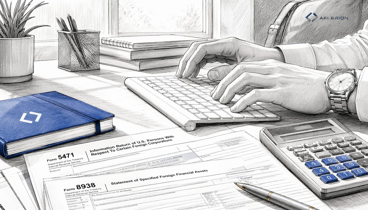 Hands typing on keyboard with US tax forms on desk