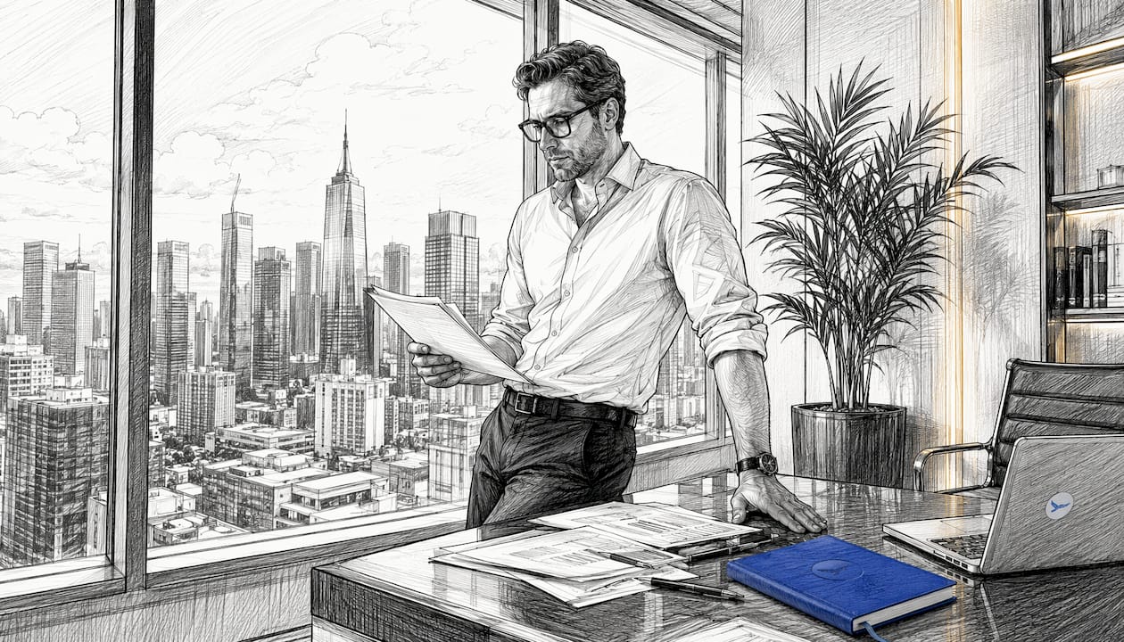 Man reviewing offshore company documents at table
