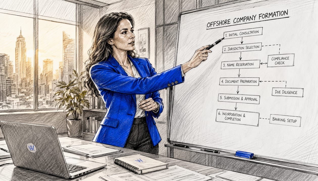 Consultant explaining offshore formation steps on whiteboard