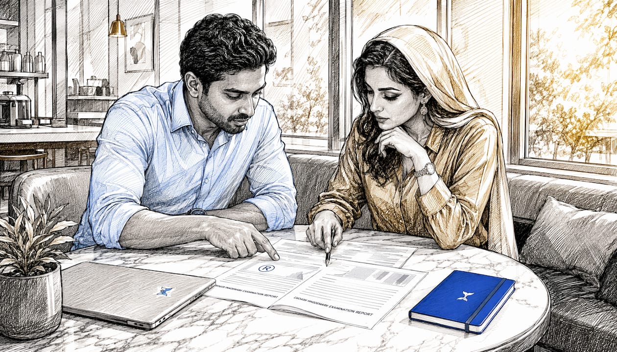 Professionals reviewing trademark examination documents