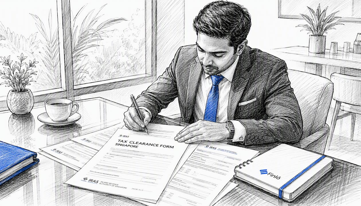 Hands signing IRAS tax clearance form