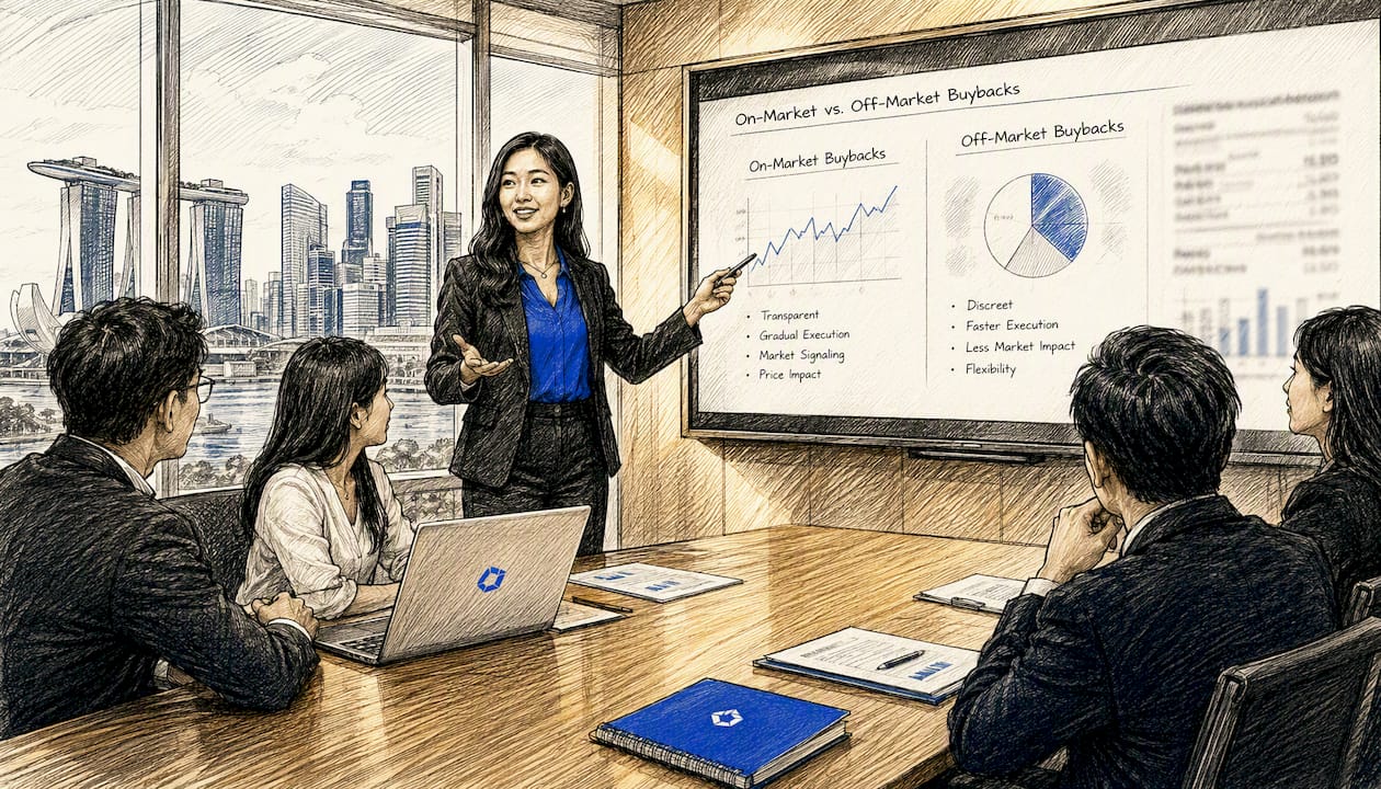 Analyst explaining share buyback types with screens