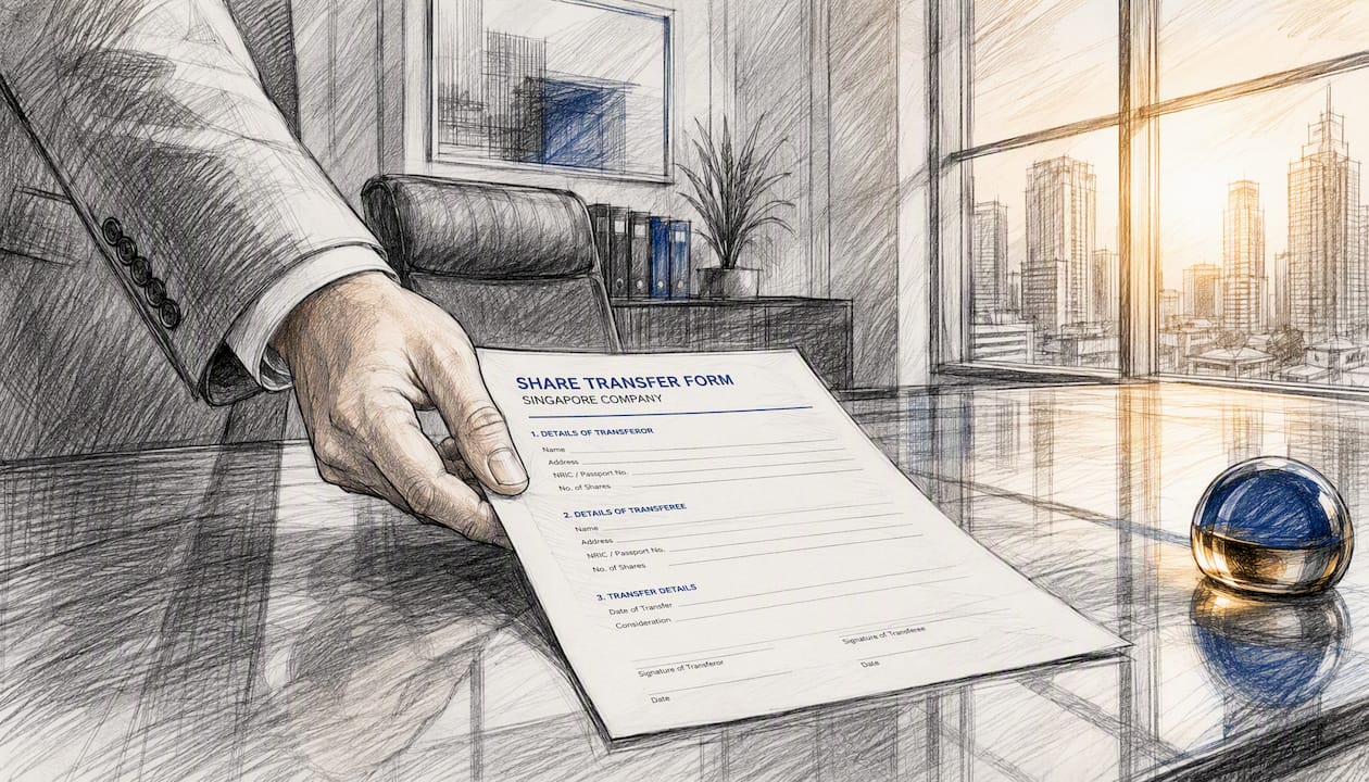 Hand placing share transfer form on desk