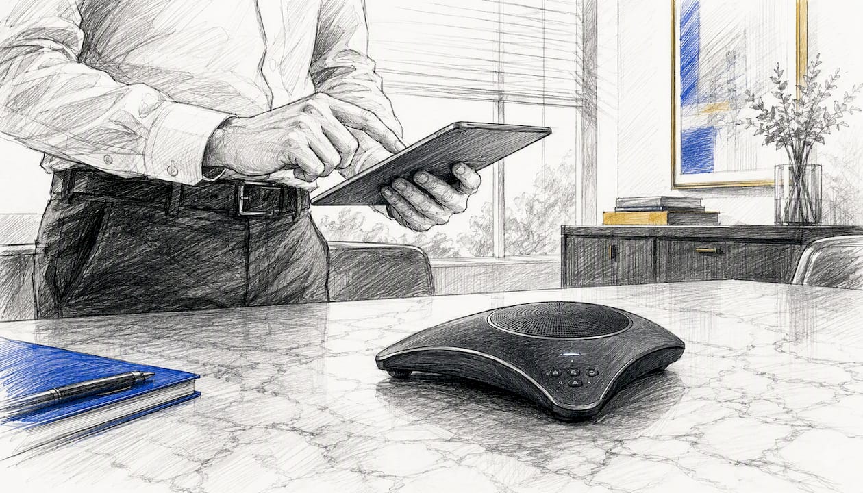 Hands operating conference remote in office