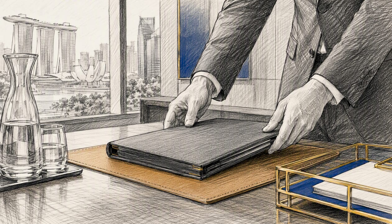 Hands placing business binder on desk
