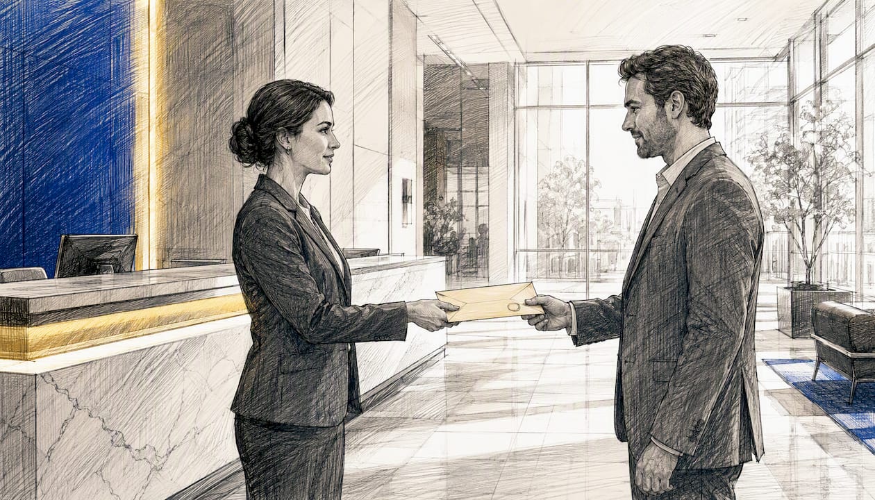Hands exchanging official envelope at desk