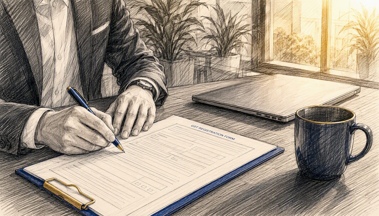 Hands arranging GST registration documents on desk