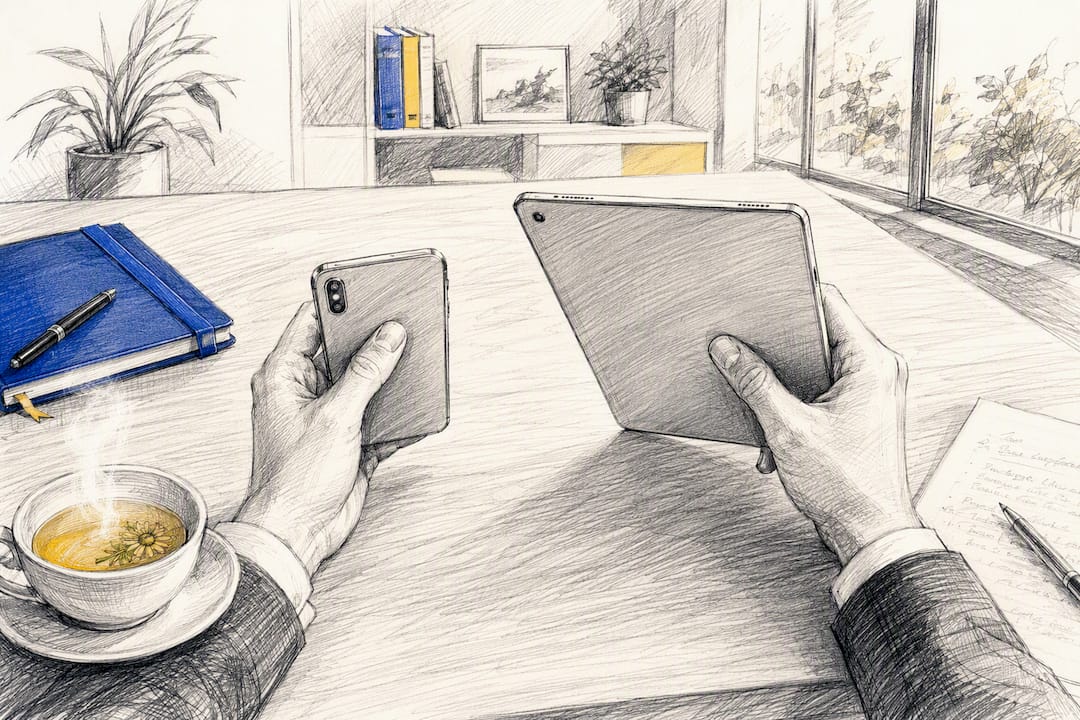 Hands with multiple devices showing work flexibility