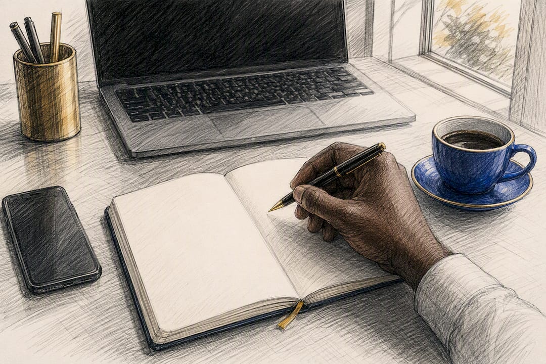 Hand holding pen over notepad next to dark phone