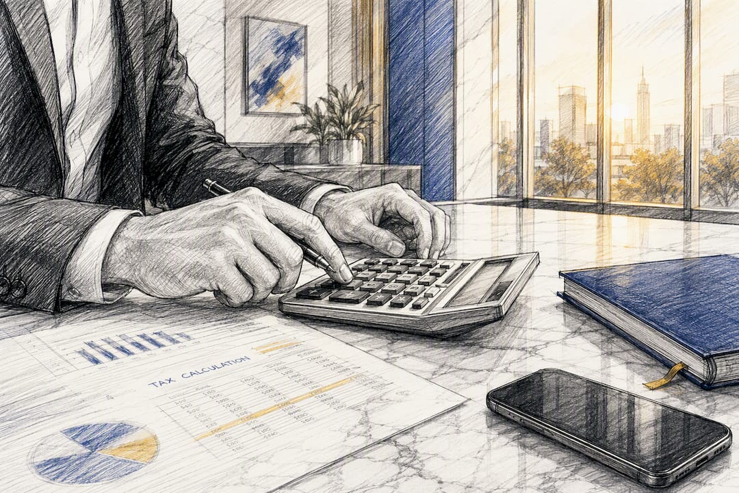 Hands pressing calculator buttons on wooden desk