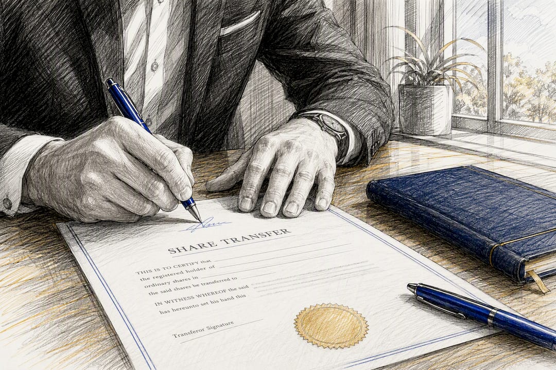 Close-up of hands signing share transfer document