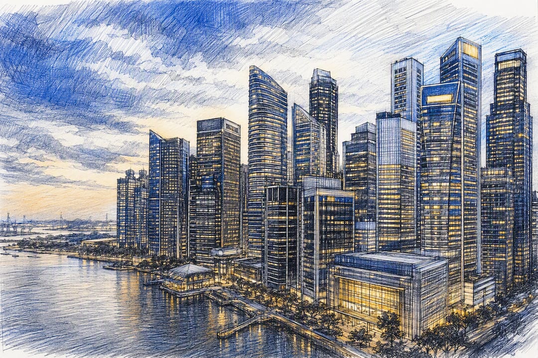 Singapore corporate skyscrapers at sunset