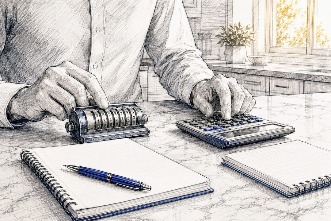 Hands auditing with calculator and index cards
