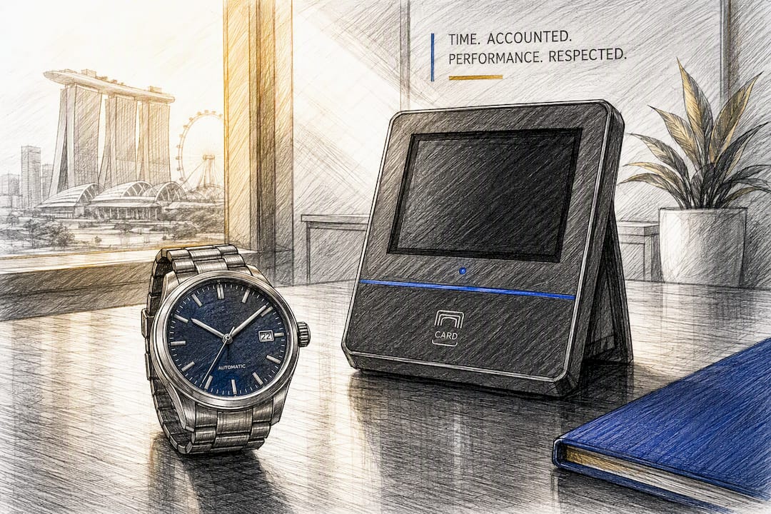 Watch and time clock on office desk