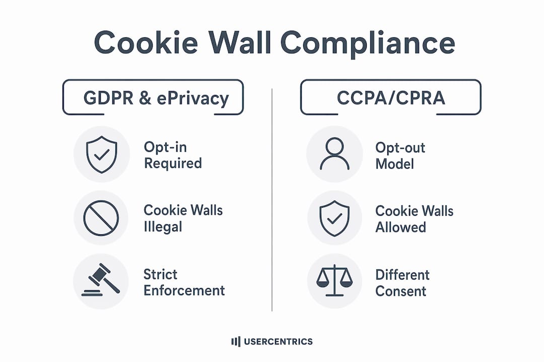 Infografia a comparar a conformidade dos cookie walls por lei