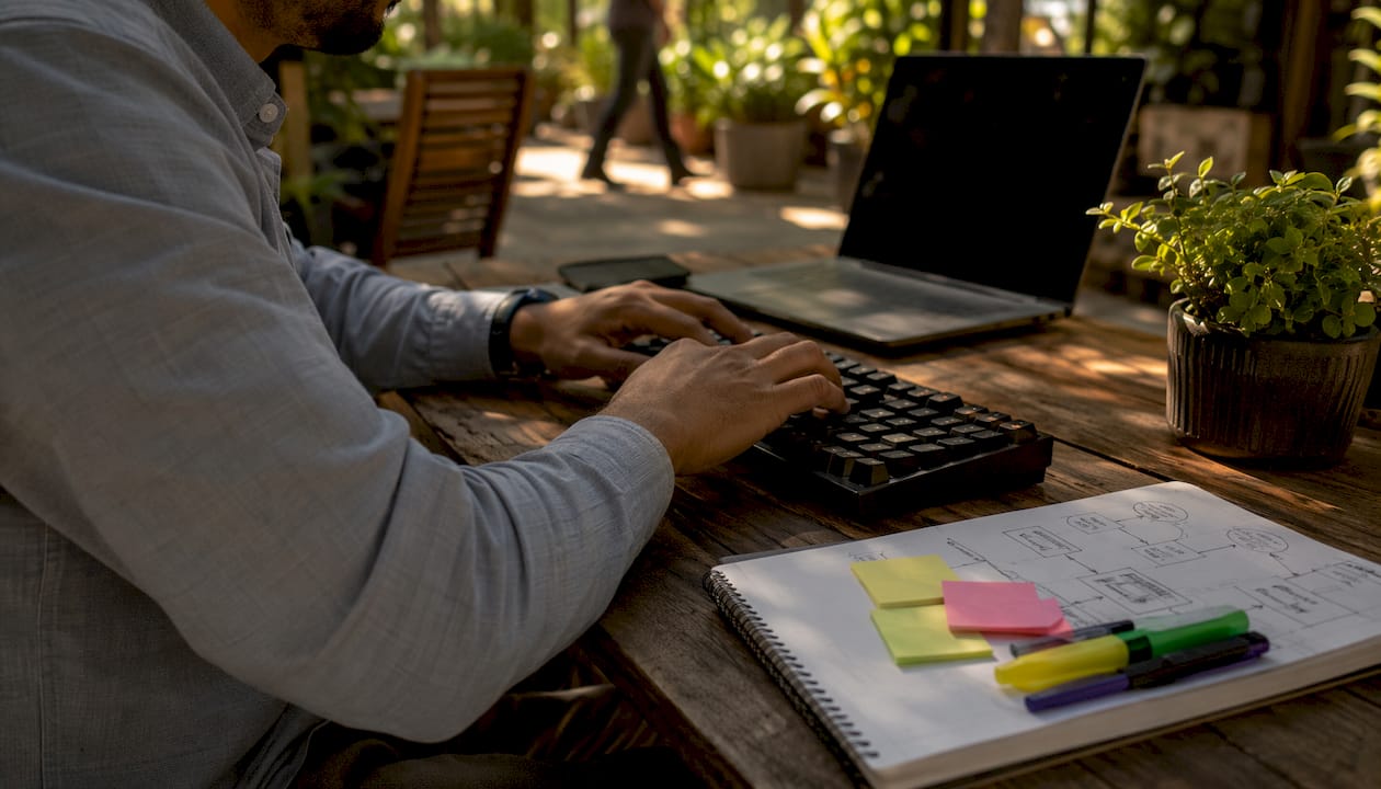 Hands typing GDPR compliance workflows notes