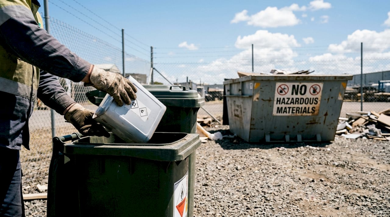 Skip bin with hazardous waste container being segregated