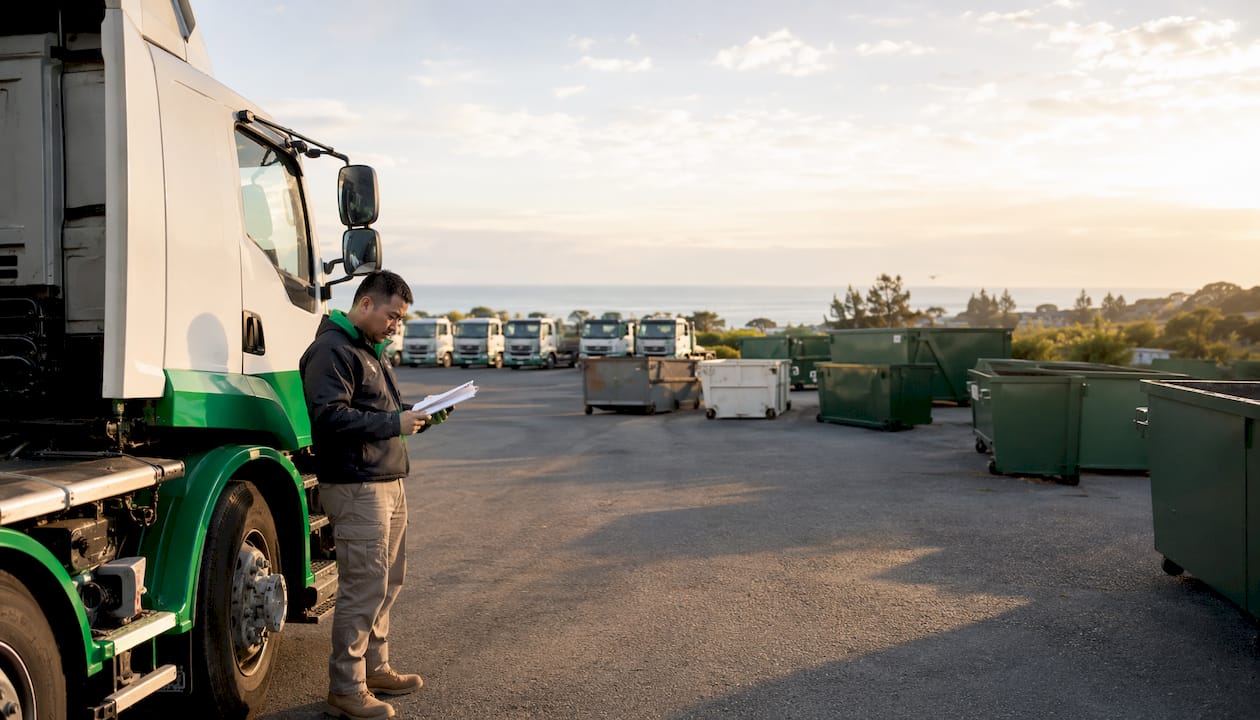 Skip bins and trucks in Australian depot yard