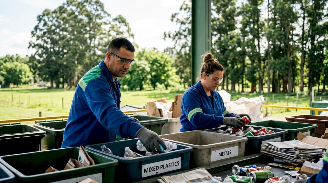 Workers sorting recyclable trade waste in facility
