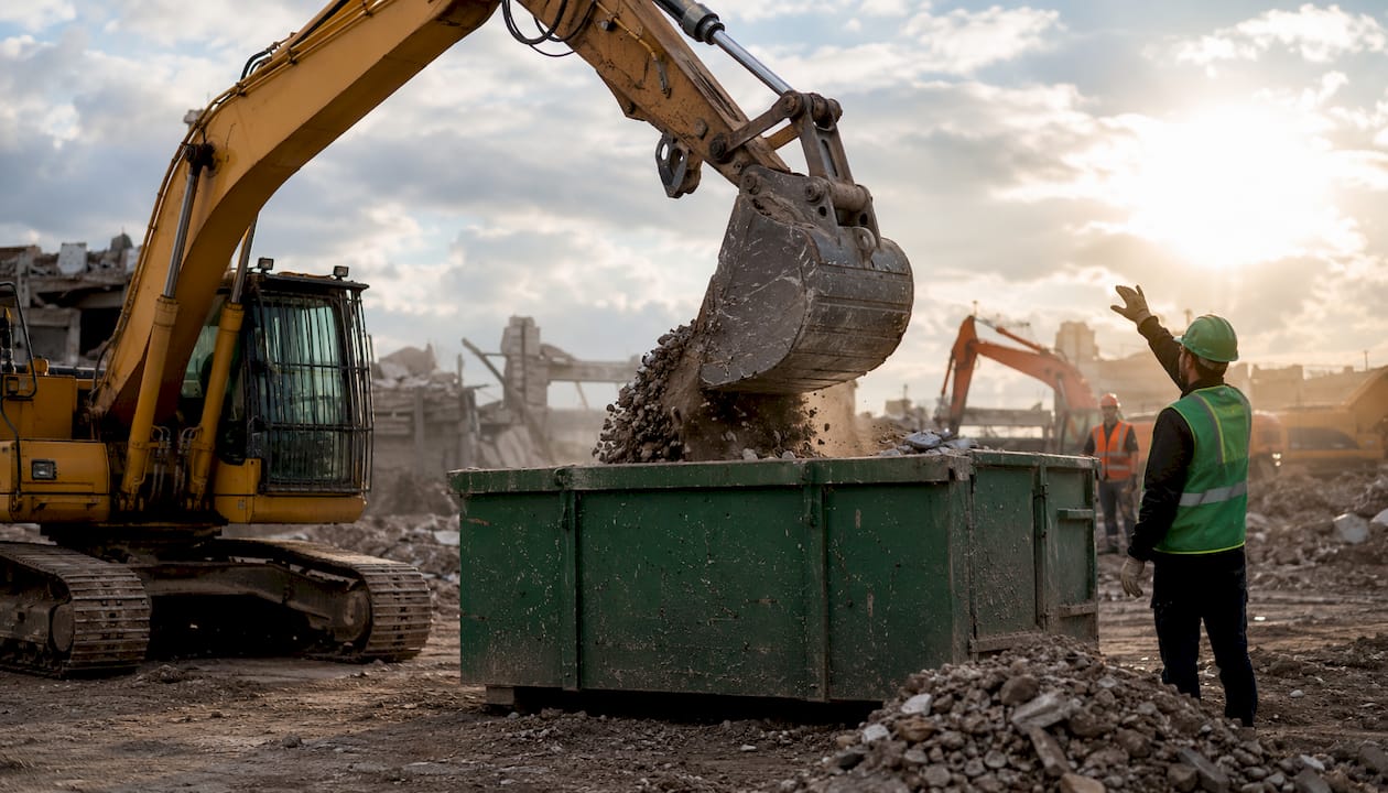 Demolition site with excavator loading heavy waste skip bin