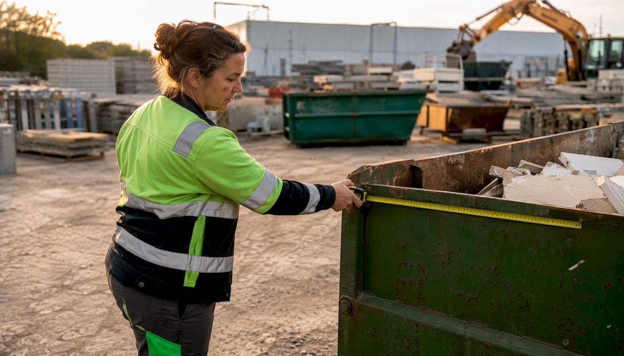 Woman measuring heavy waste skip bin dimensions