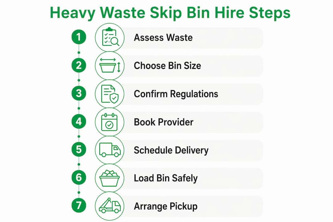 Infographic illustrating steps to hire a heavy waste skip bin
