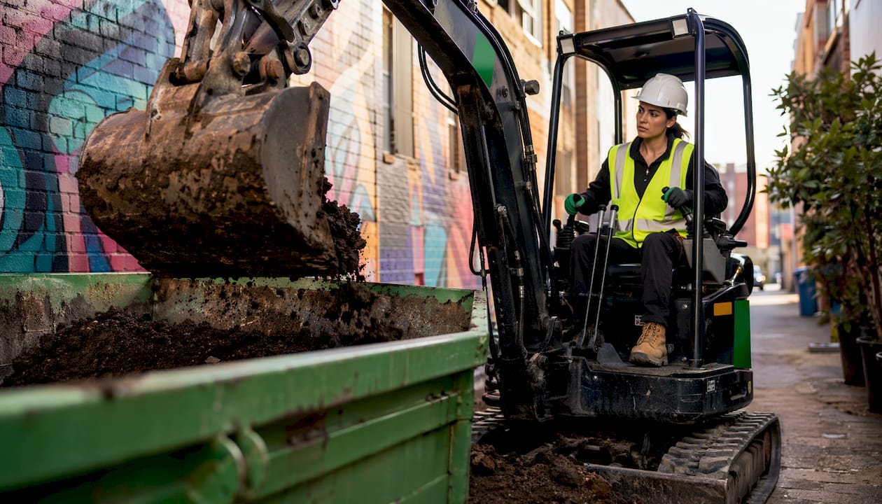Operator loading soil into green certified skip bin