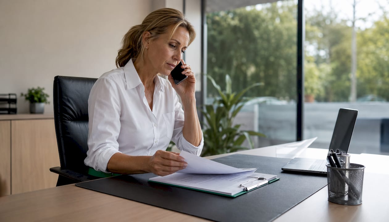 Female owner in rustic skip bin office making call