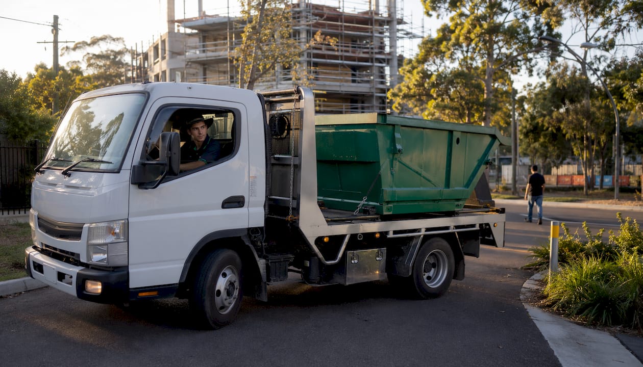Driver delivering skip bin on suburban street
