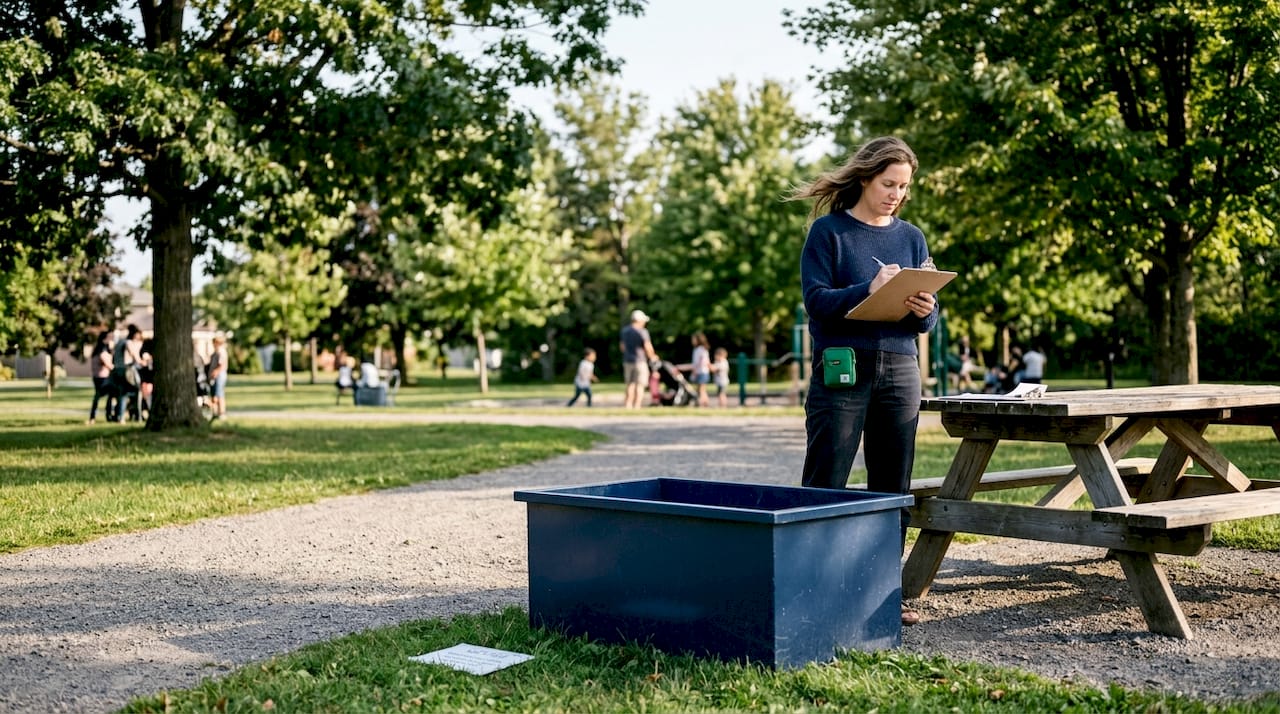 Woman completing skip bin permit paperwork outdoors
