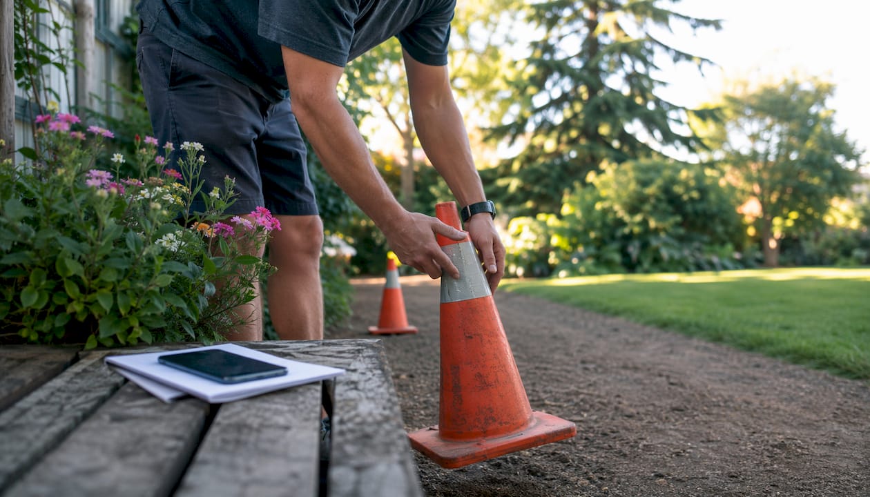 Homeowner setting safety cones before skip bin placement