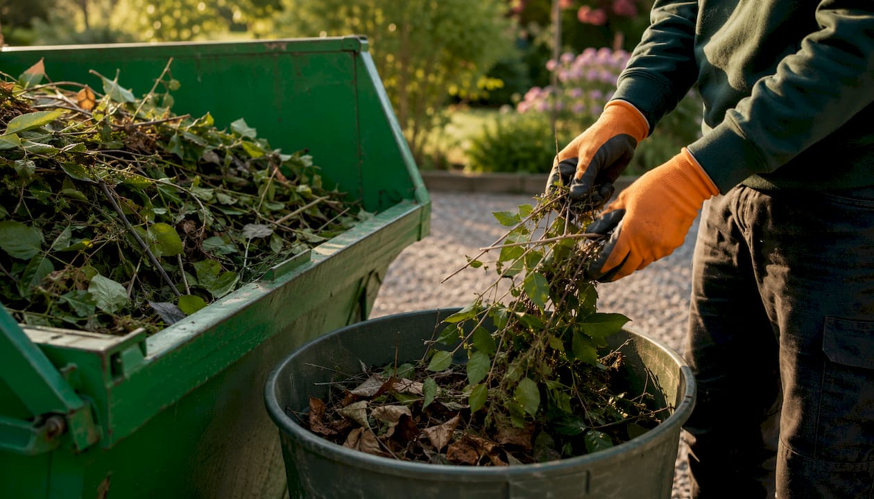 Hands sorting green organic waste near skip bin