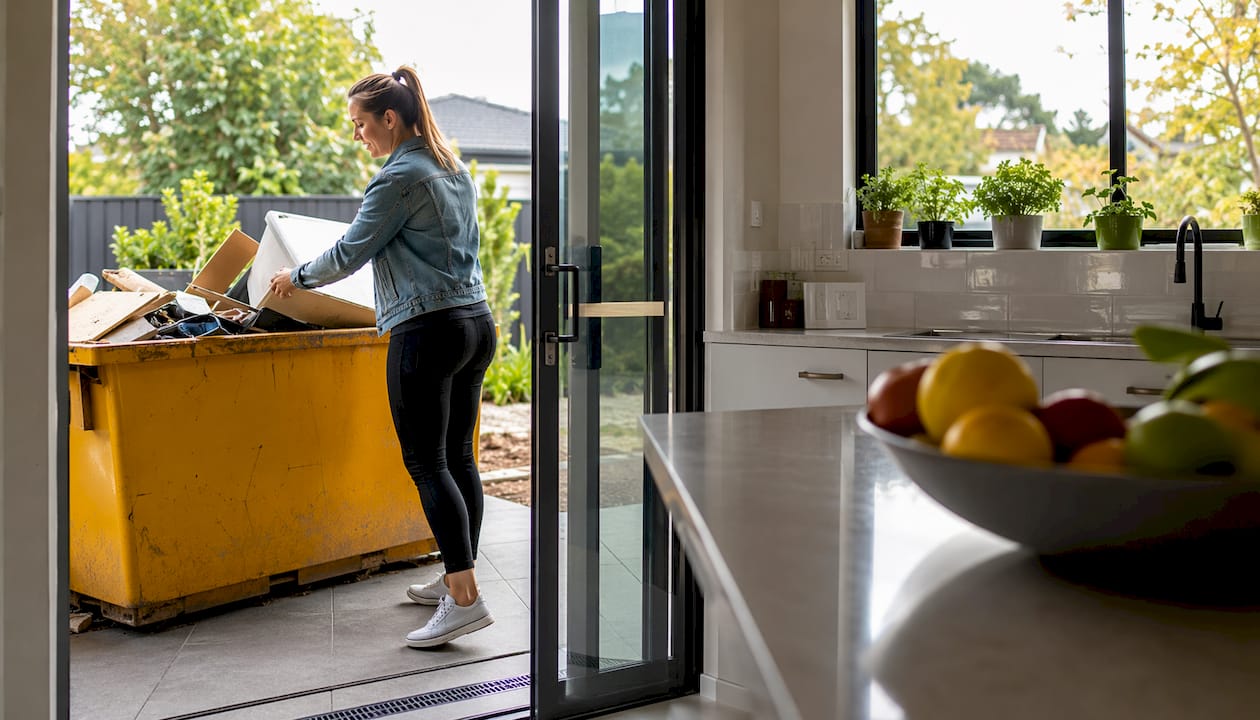 Woman loading waste into skip bin in backyard