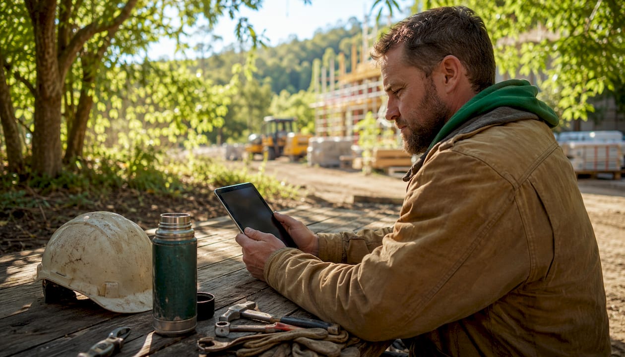 Tradie ordering skip bin quote on smartphone at site trailer