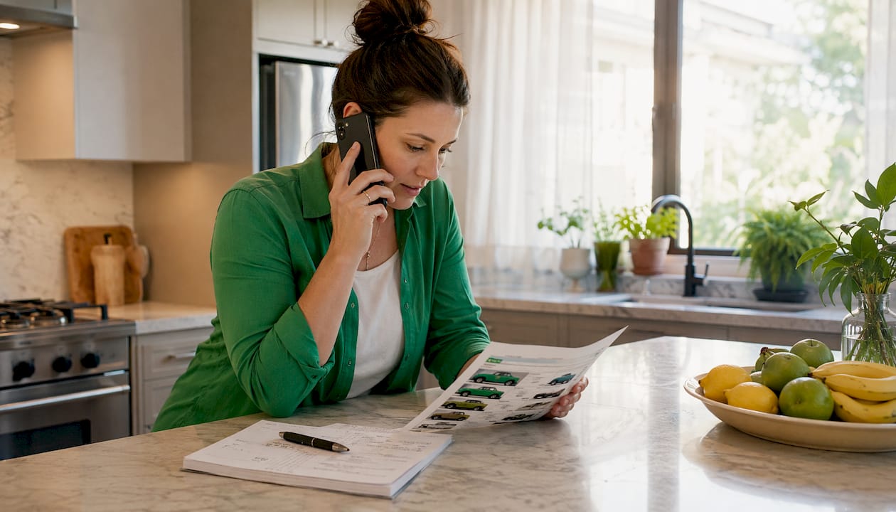 Woman on phone reviewing skip bin prices