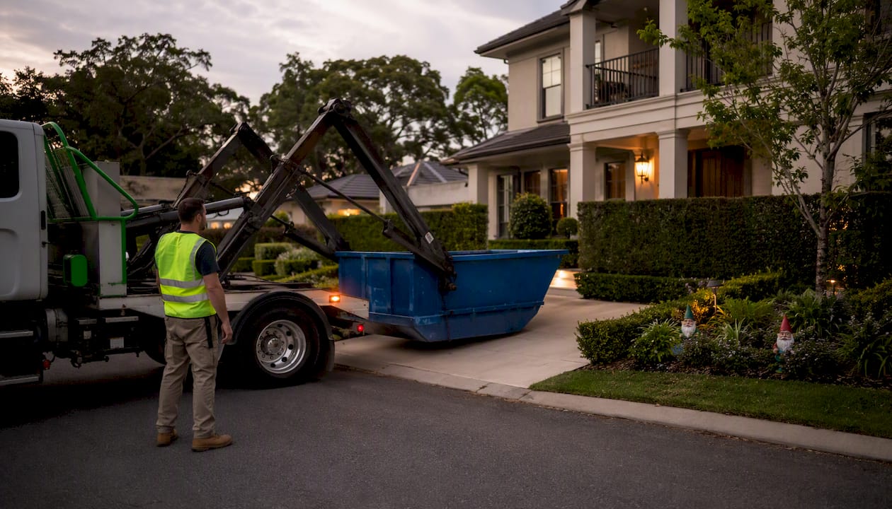 Skip bin being delivered by truck on suburban street