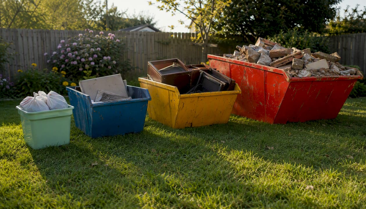 Different sized skip bins with typical waste