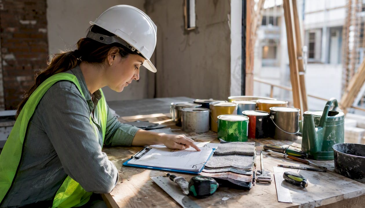 Engineer’s hands pointing at waste volume calculations on clipboard
