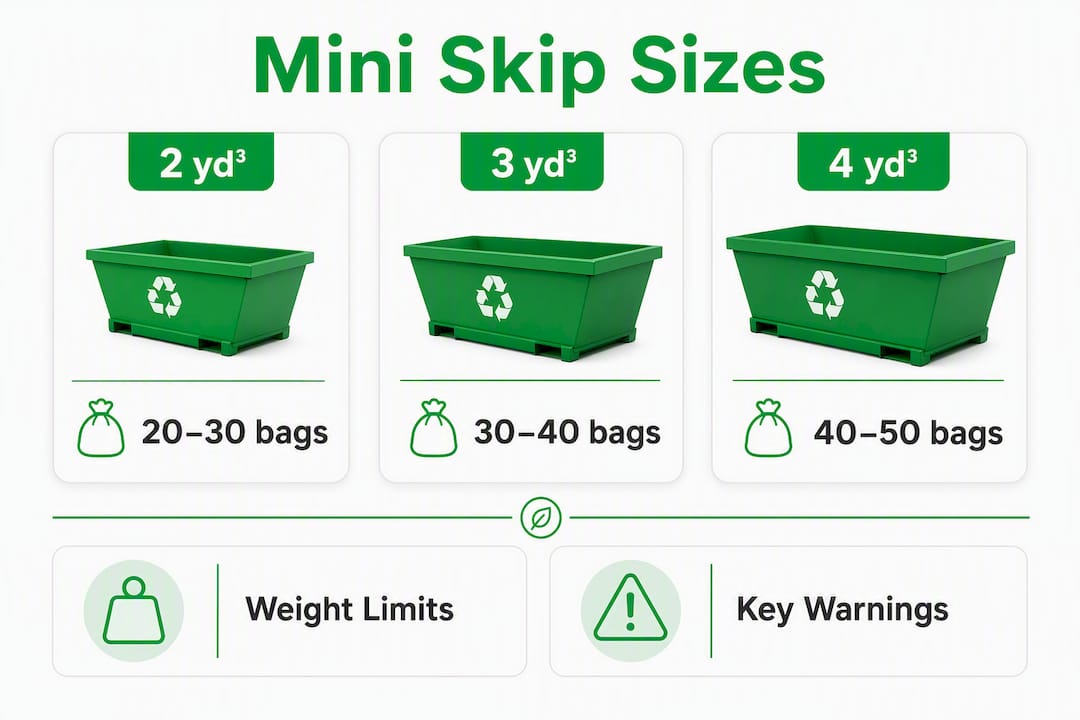 Infographic showing mini skip sizes and capacities